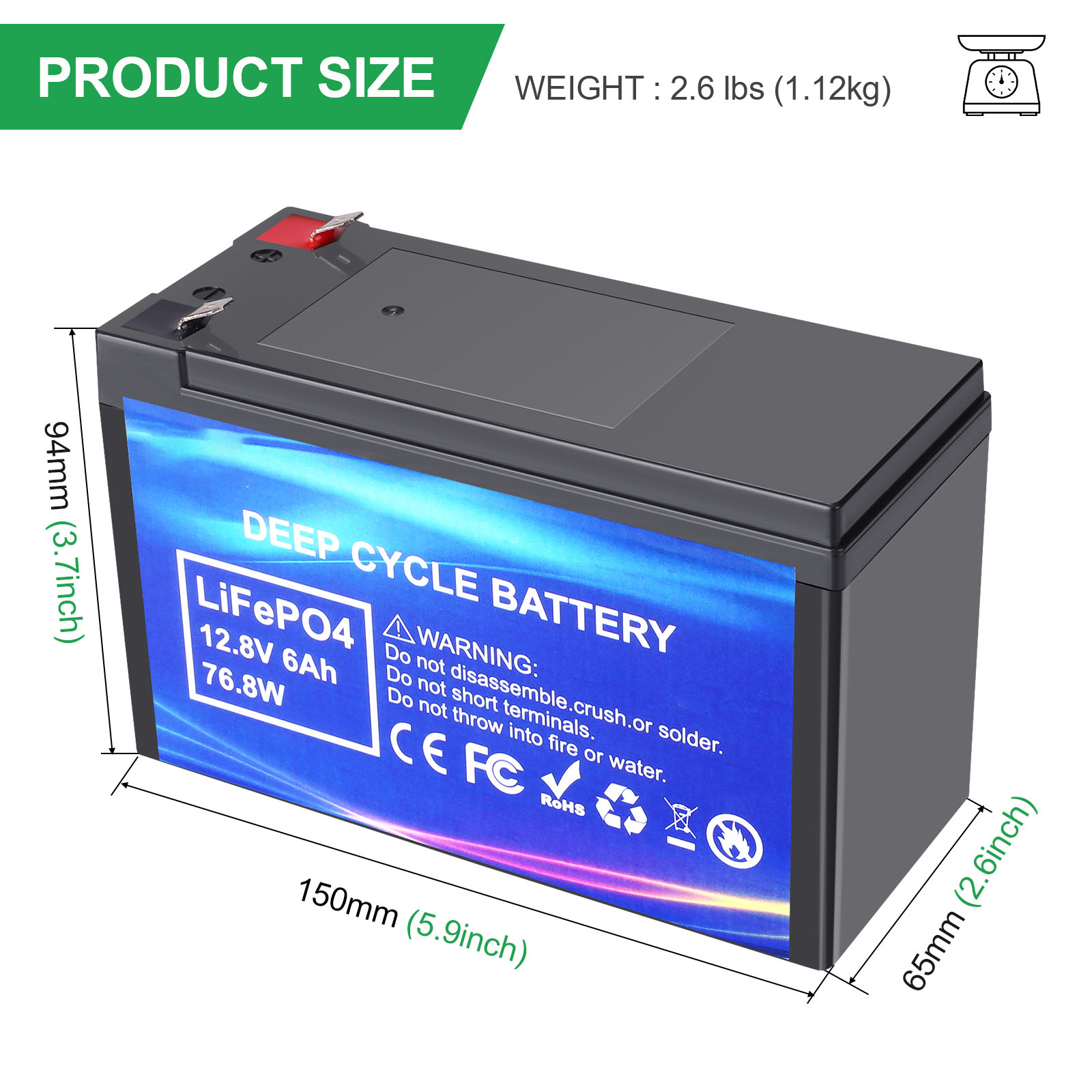 Batterie LifePO4 rechargeable à cycle profond 12.8V 6AH pour l'appareil électronique