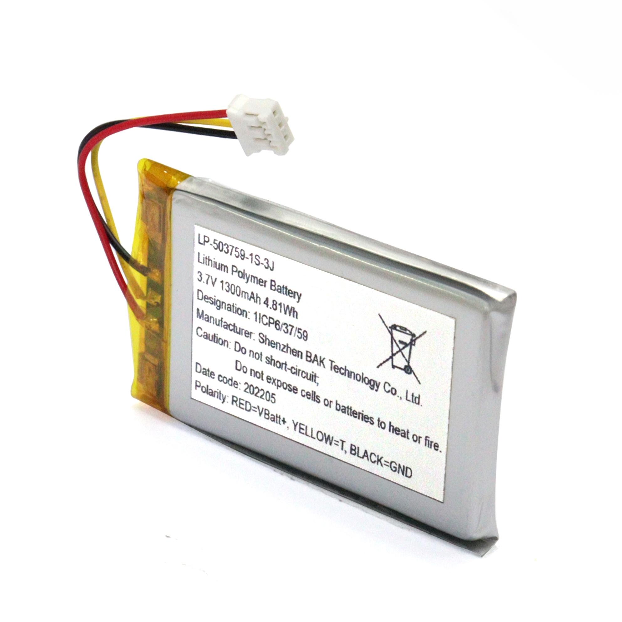 Bakth-503759P-1S-3J Lithium Polymer Rechargeable 3,7 V 1300mAh Batterie Pack 