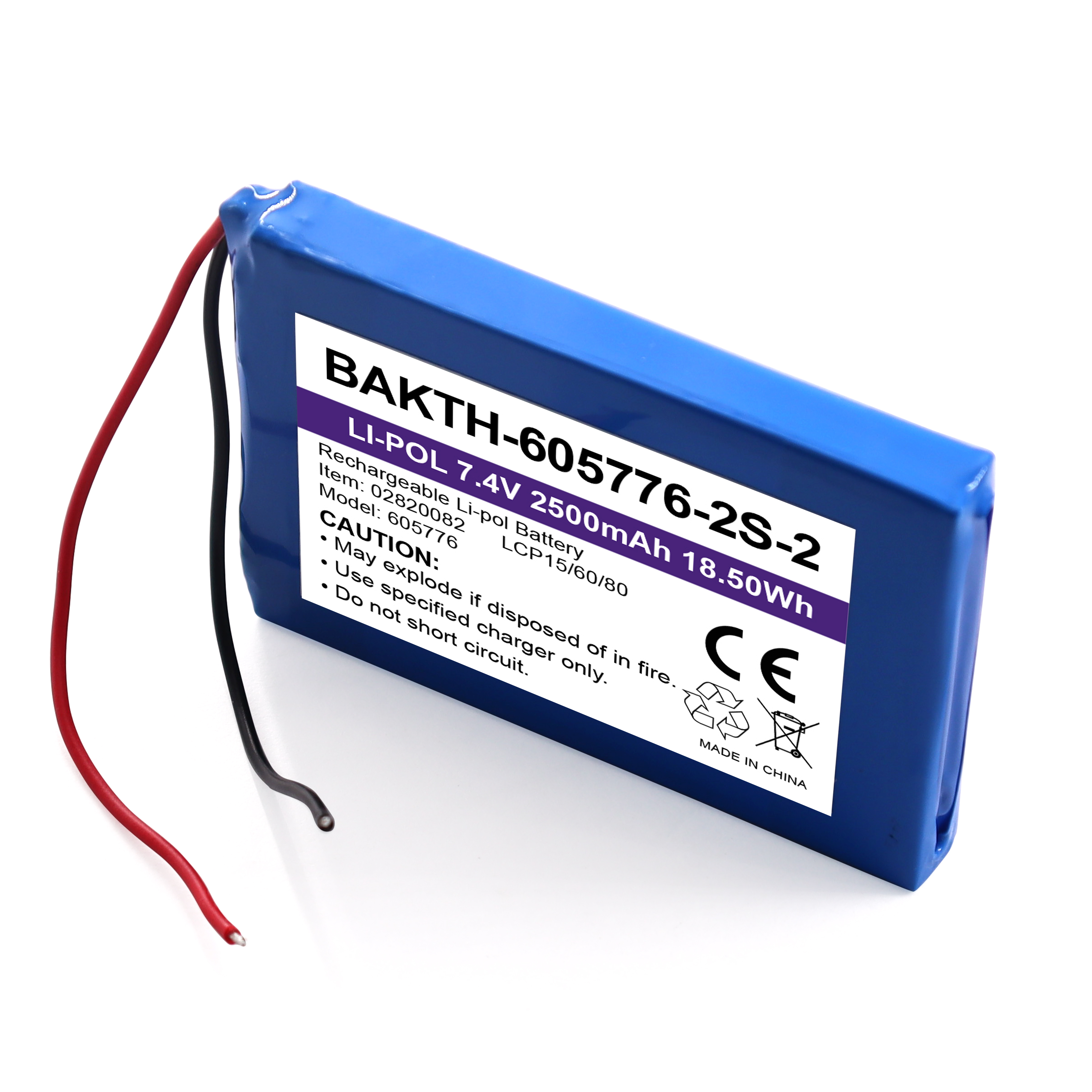 BAKTH-605776P-2S-2 Rechargeable 7.4V 2500mAh Pack de batterie de batterie en polymère lithium Pack de batterie personnalisé